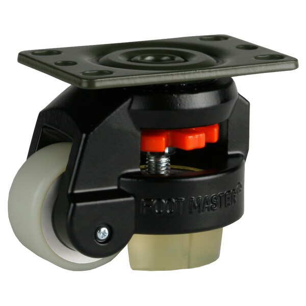 Leveling Caster, 50 mm PU Wheel, 2-1/2 x 3-1/4 Plate, Swivel, 280 kg Cap, PU Foot Pad, Black